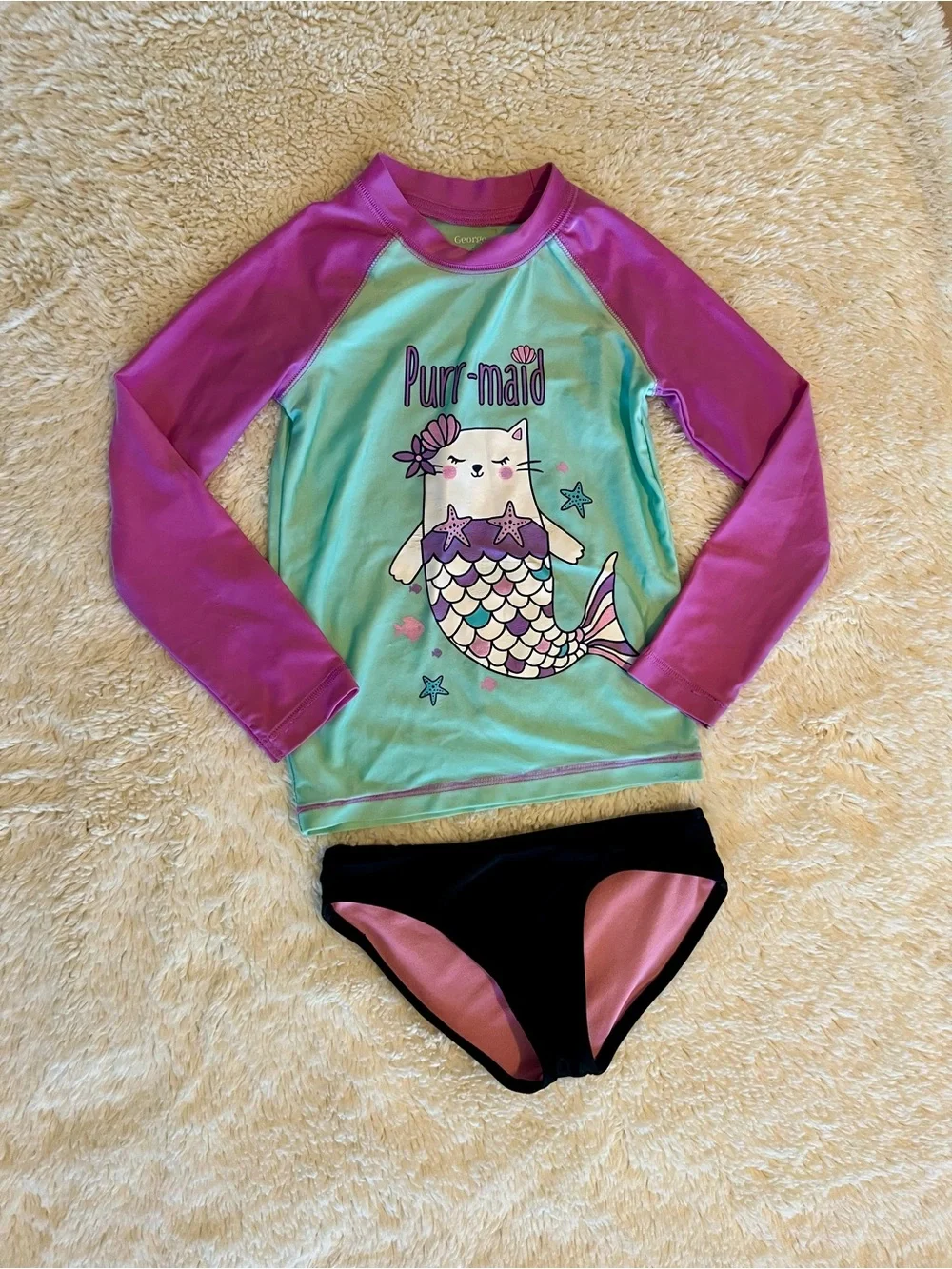 Kids' Purple & Aqua 'Purr-maid' Rash Guard Swim Set Sz 4/5